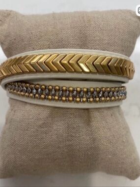 Stella & Dot Embroidered Leather Wrap Bracelet White, gold, silver